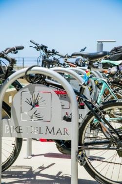photo of bikes on bike rack with the label 'Bike Del Mar'